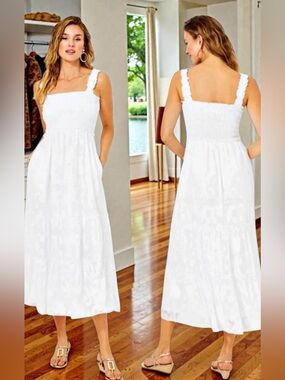 LILLY PULITZER Hadly Smocked Bodice Maxi Dress Resort White Crepe Swirl Large